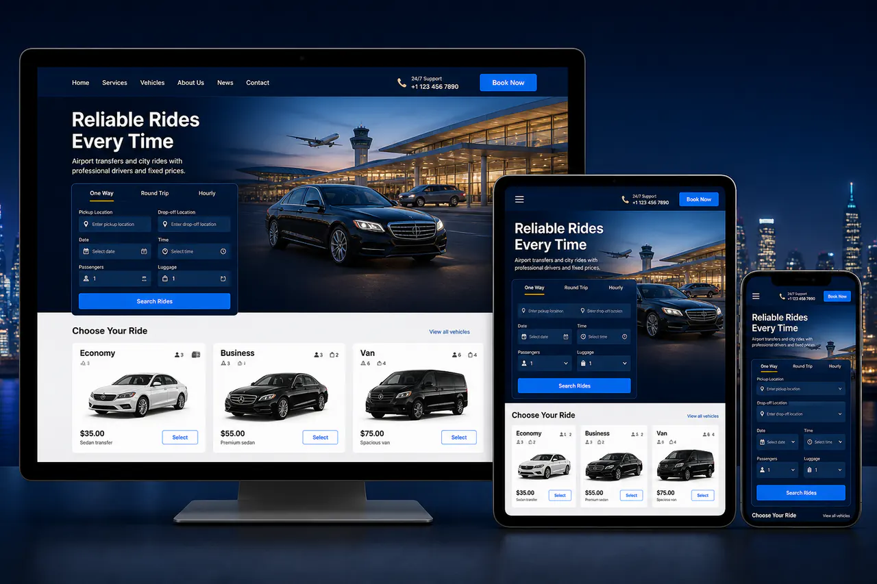 Responsive taxi website displayed on desktop, tablet and mobile