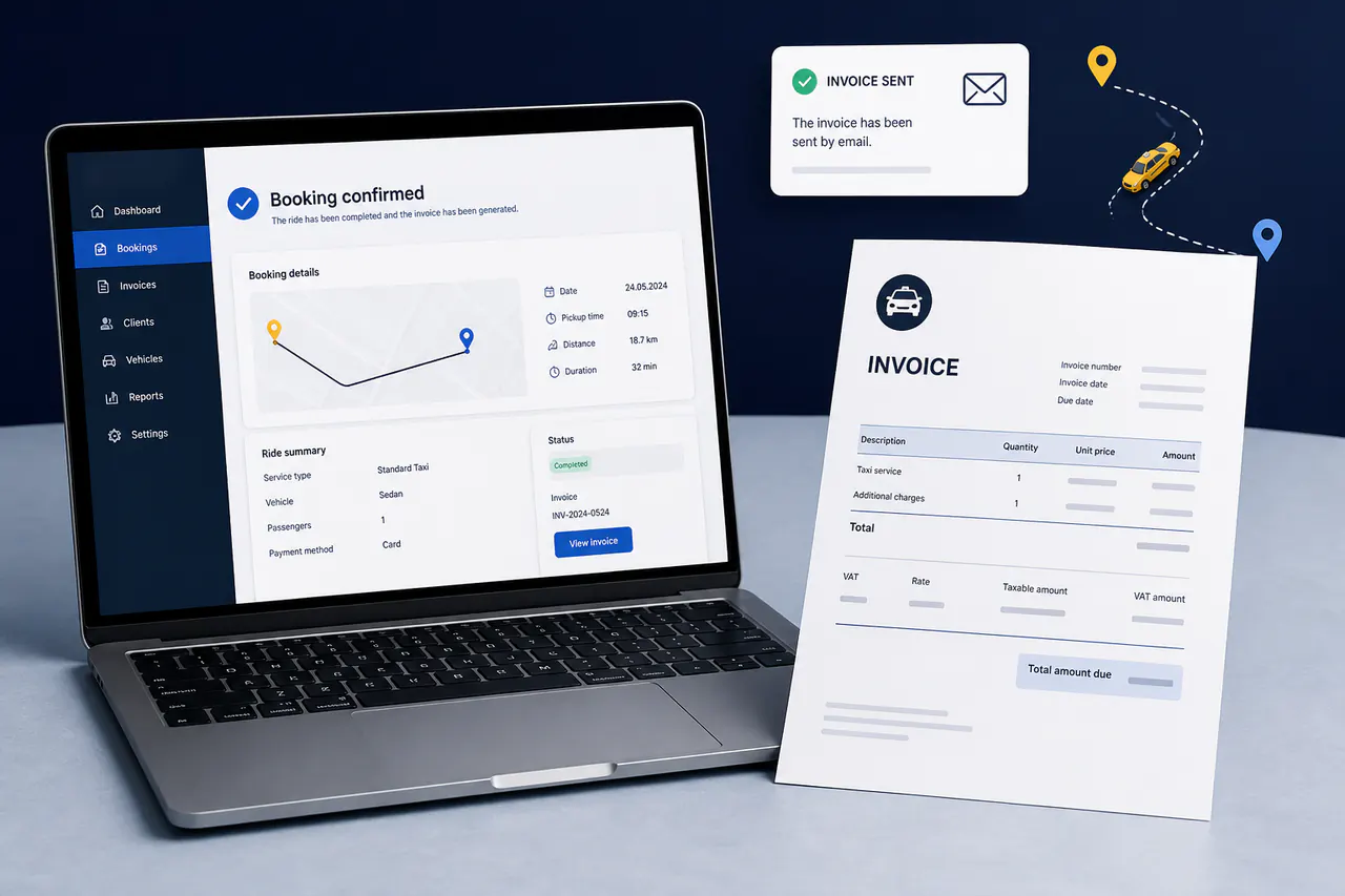 Automatic taxi invoice workflow from confirmed booking to customer invoice
